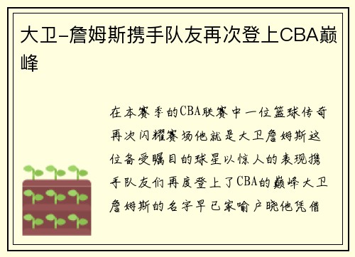 大卫-詹姆斯携手队友再次登上CBA巅峰